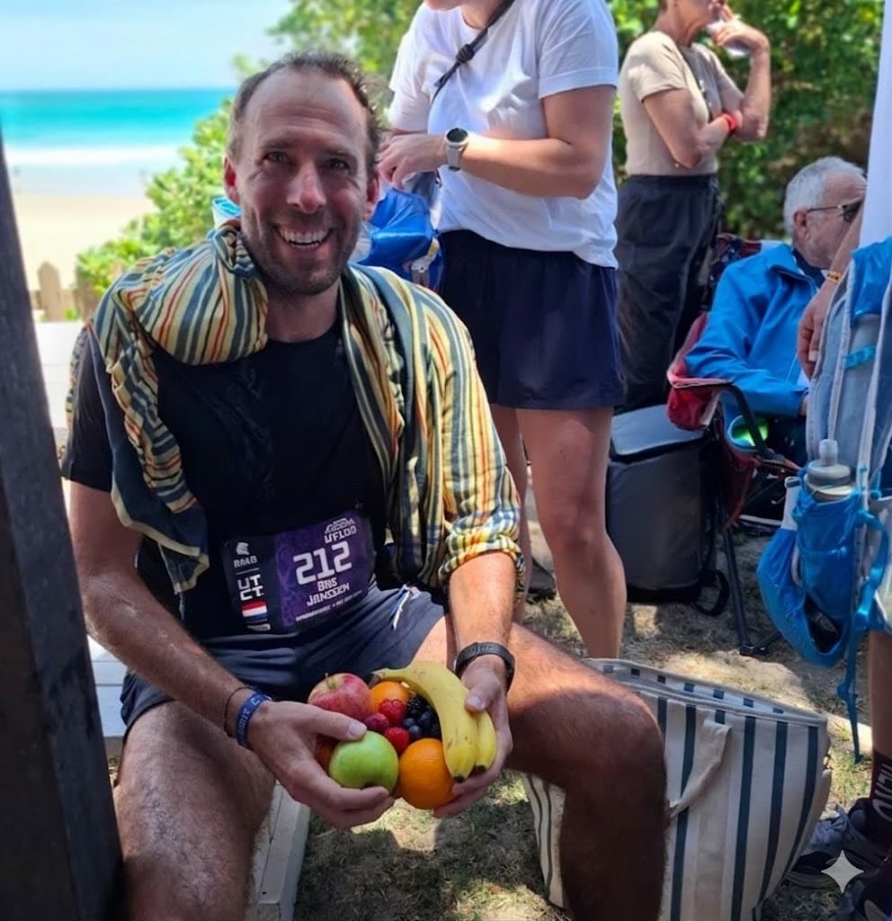 Ultra runner fuelling at UTCT 100 with a big smile