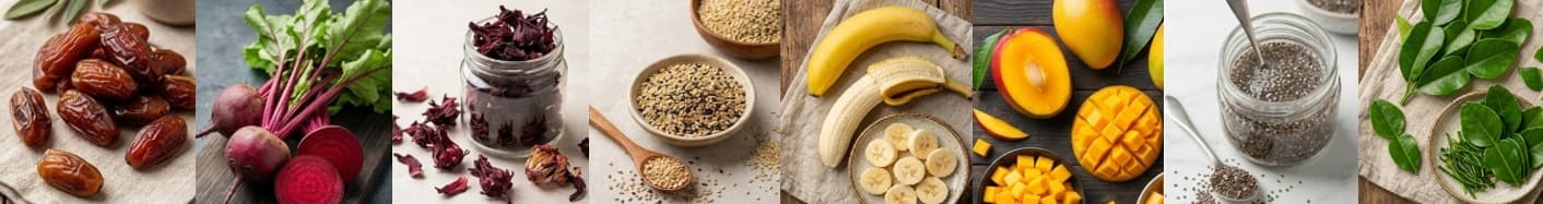 Natural ingredients — dates, beetroot, hibiscus, hemp seeds, bananas, mango, chia seeds