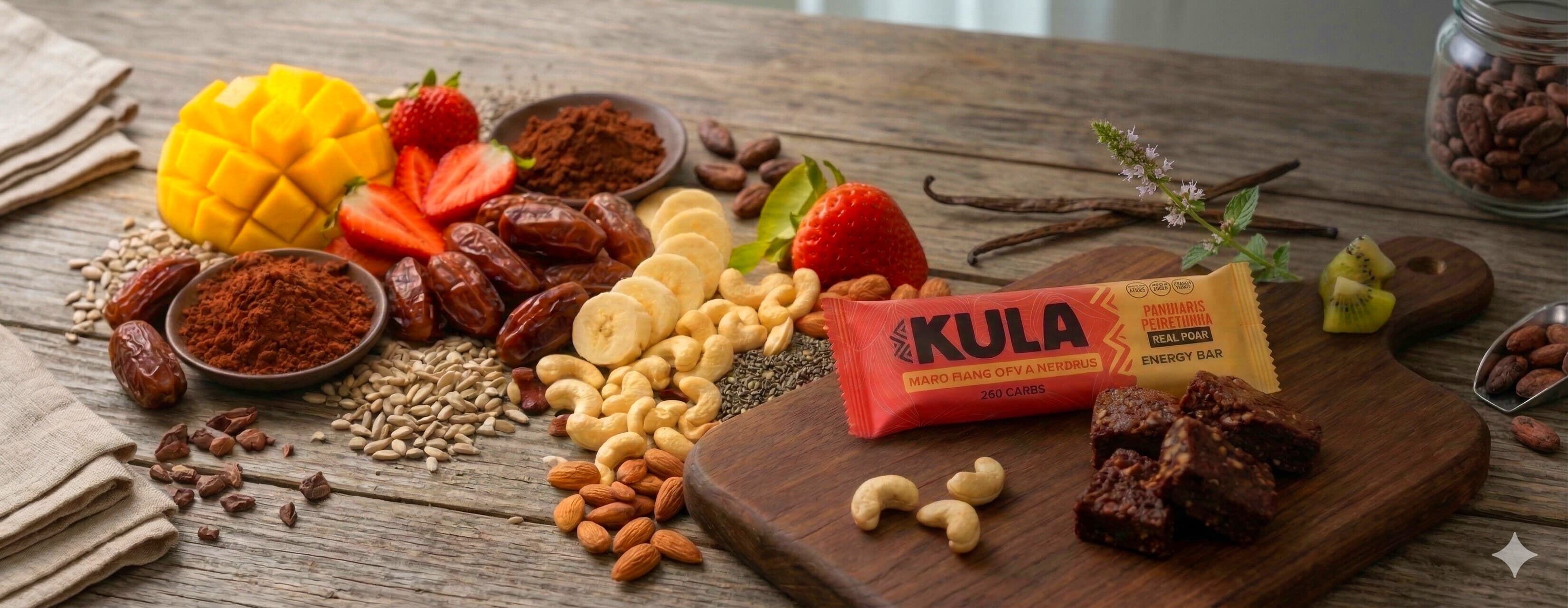 Kula energy bars and race fuel laid out on a wooden surface